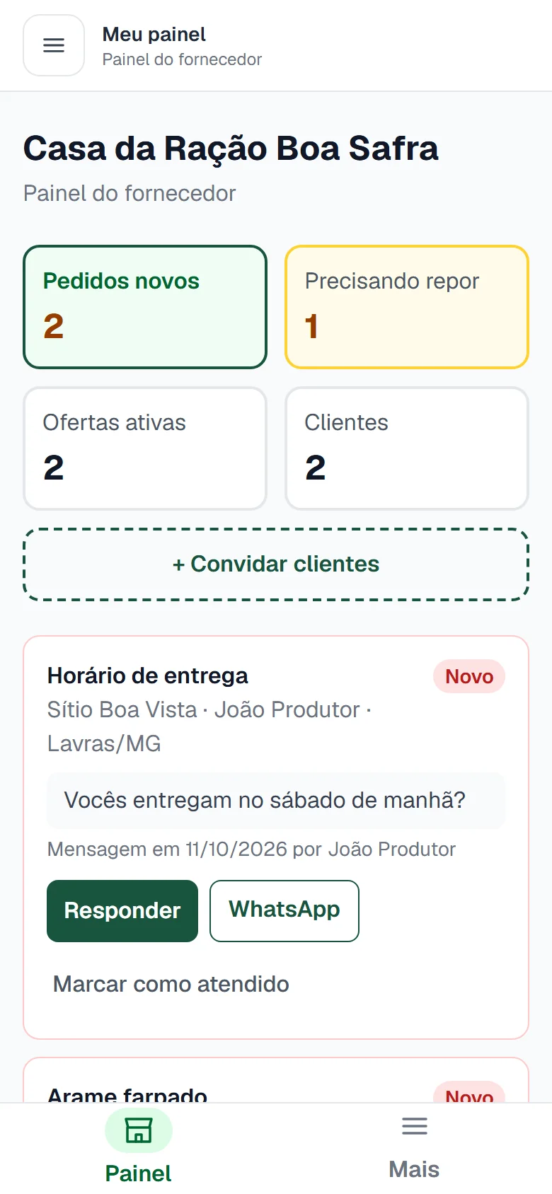 Painel do fornecedor com ofertas e pedidos