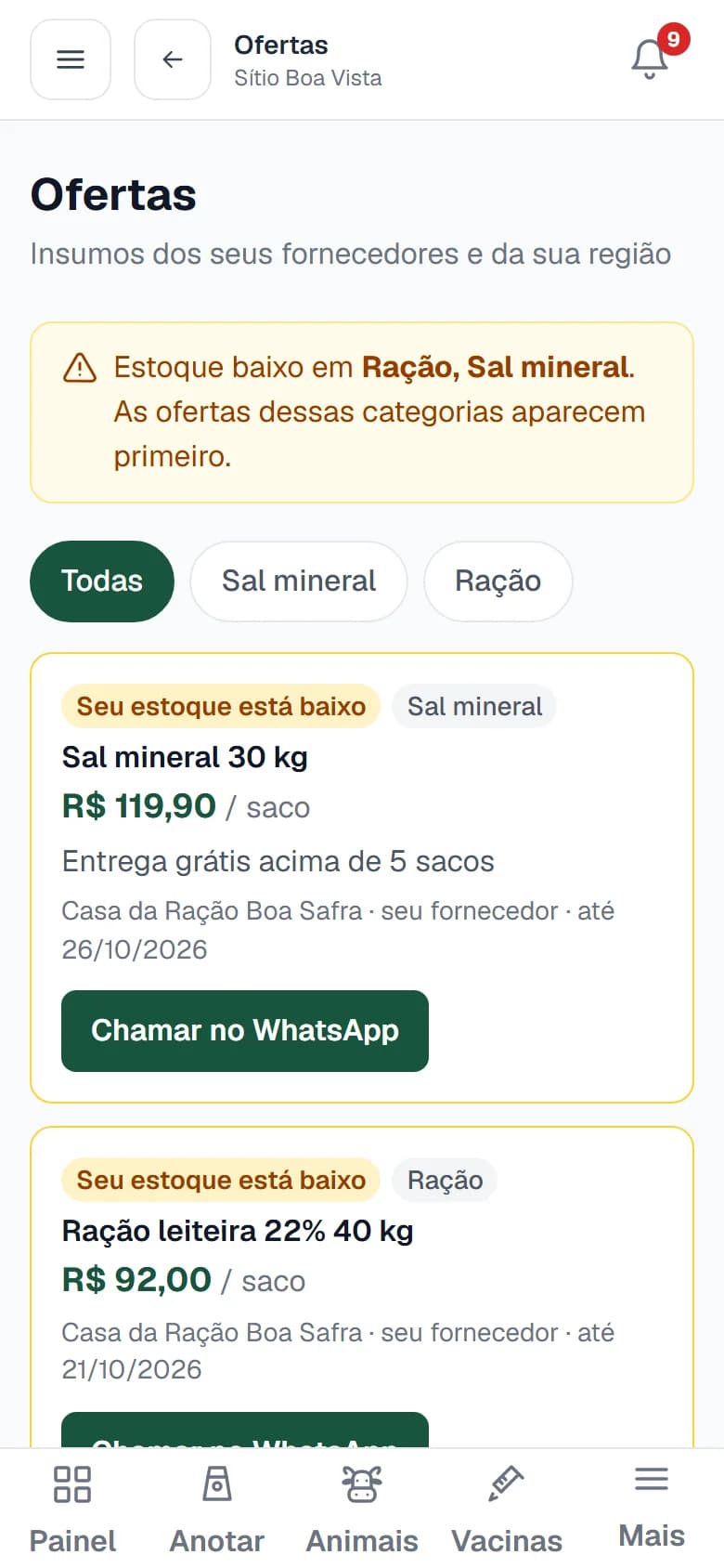 Tela de ofertas de fornecedores no celular do produtor