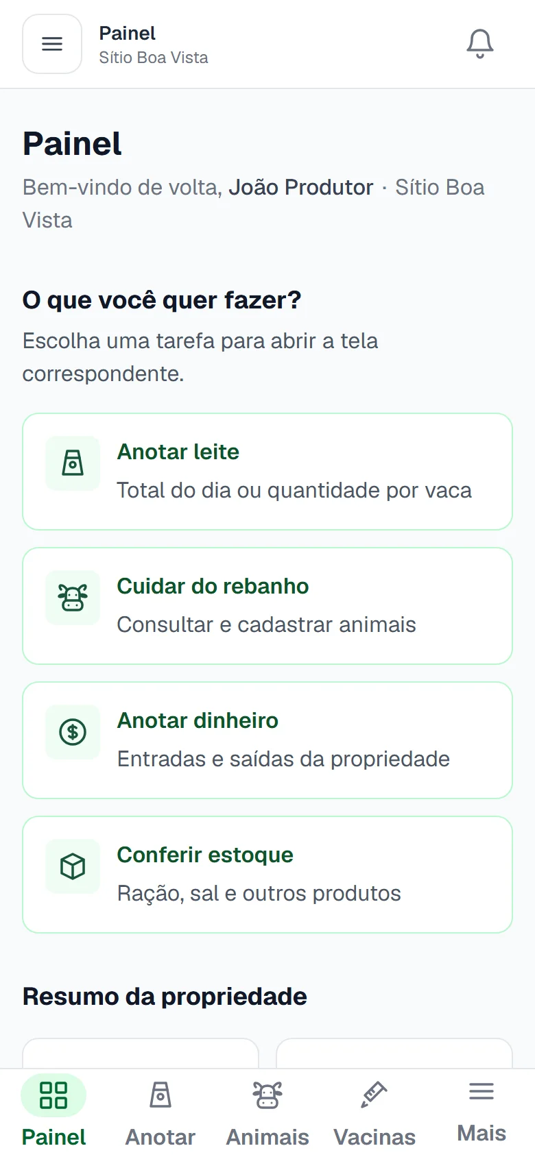 Painel da propriedade com tarefas do dia